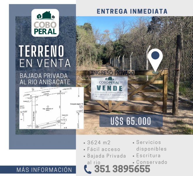 Lote Con bajada privada al Río Anisacate